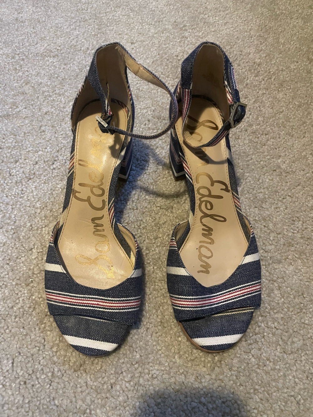 Sam Edelman Susie Denim Striped Ankle Strap Block Heel Sandals Sz 8.5
